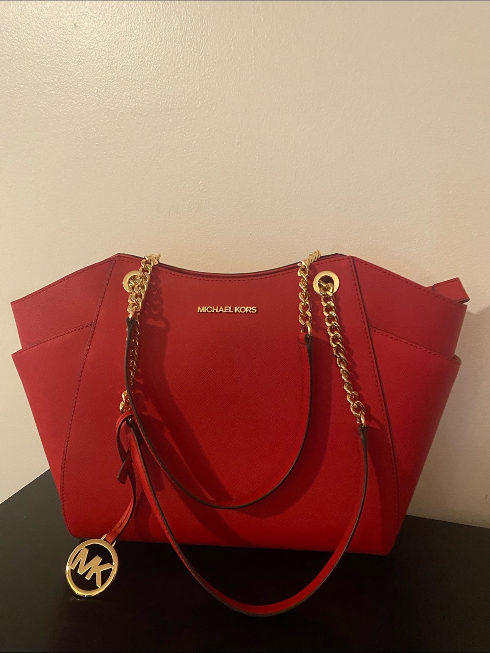 Michael Kors Red Saffiano Leather Tote with Gold Chain Accents